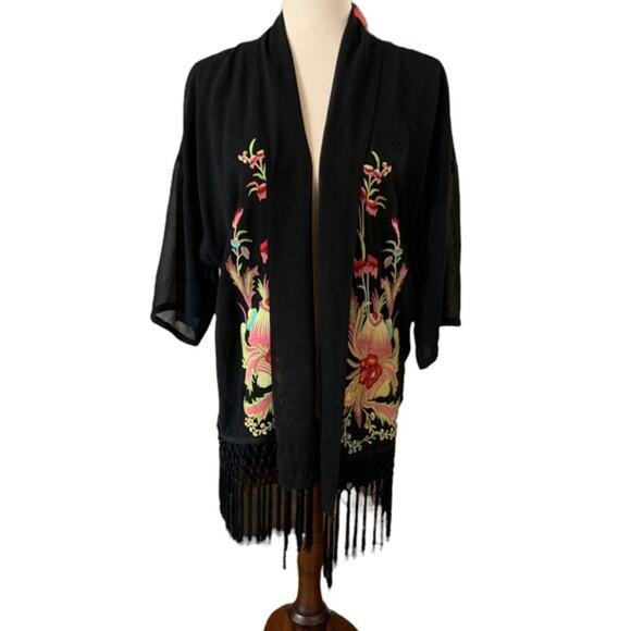 Forever 21 black duster. With fringe. Embroidered. Size medium. - Picture 1 of 6